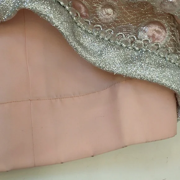 Sixties Silver & Pink Metallic Gown 60s Designer Maxi Feminine Glitter Sz 8 10